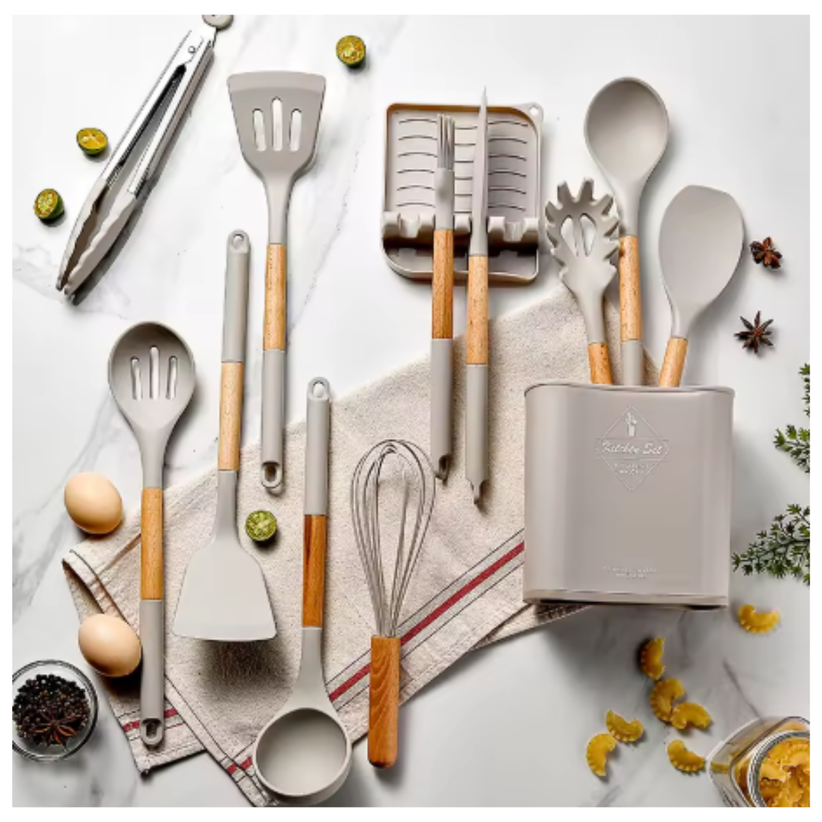Set de Utensilios de Cocina de Silicona y Madera - 12 Piezas
