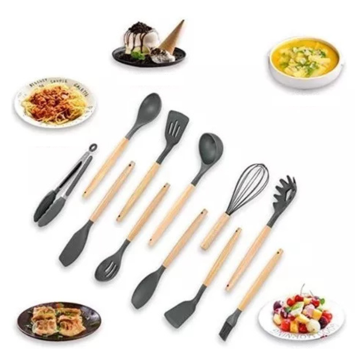 Set de Utensilios de Cocina de Silicona y Madera - 12 Piezas